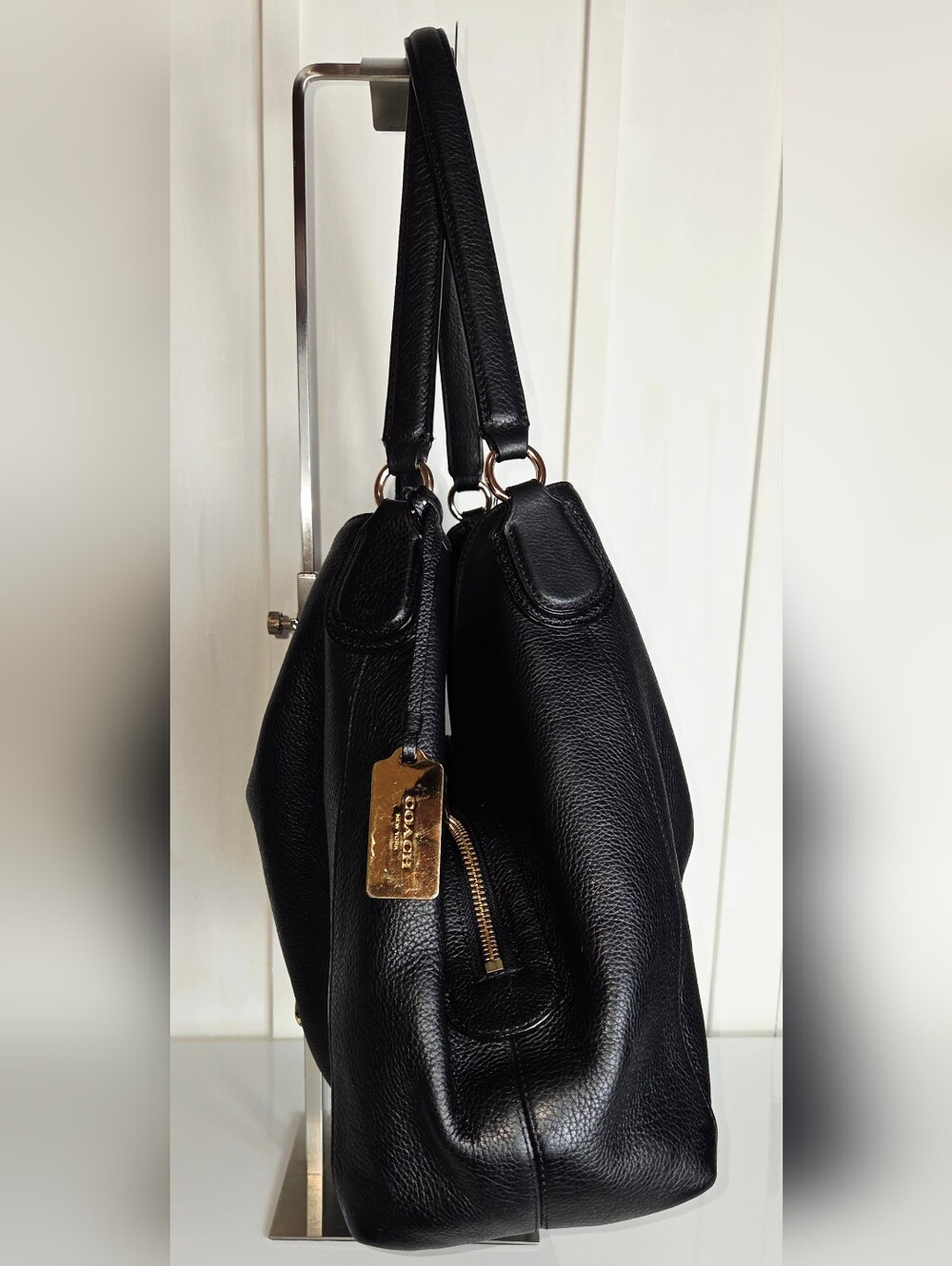 COACH 33547 EDIE PEBBLED LEATHER SHOULDER HANDBAG BLACK - Picture 5 of 8